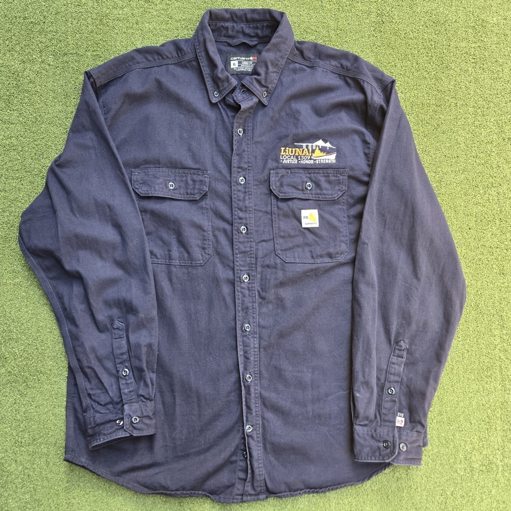 Carhartt FR Shirt Men's XL Navy Blue loose Fit Long Sleeve Liuna Logo - Picture 5 of 11